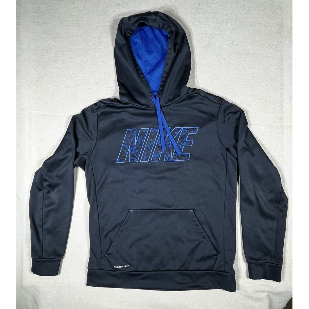 Nike Therma-FIT Hoodie Mens Medium M Navy Blue Royal Camo Block Logo Pullover